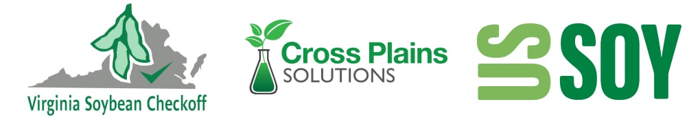 Logos of Virginia Soybean Checkoff, Cross Plains Solutions, and US Soy
