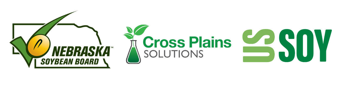 Logos of Nebraska Soybean Board, Cross Plains Solutions, and US Soy